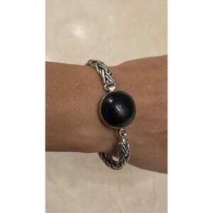 Vintage Taxco Sterling Silver Black Onyx Hook Bangle Bracelet Signed Mexico 925